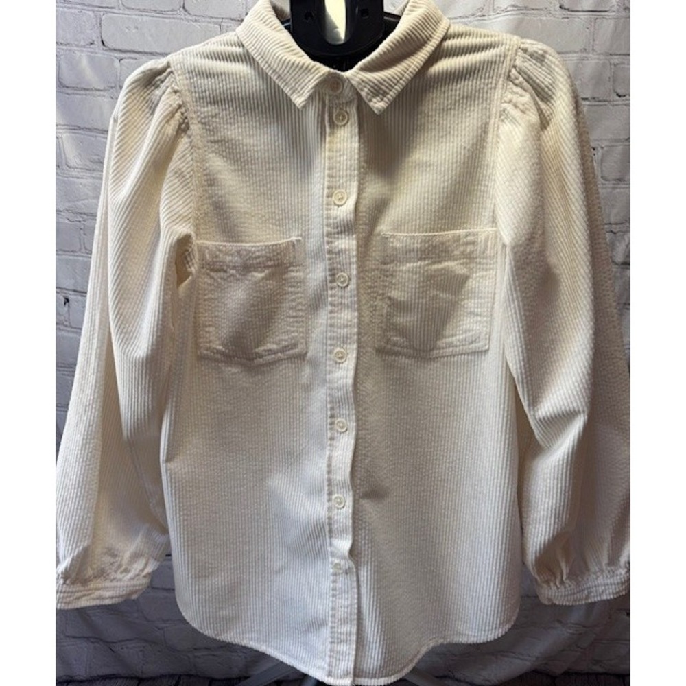 American Eagle‎ Cream White Corduroy Button Up Shirt Balloon Ruffled Sleeves MED